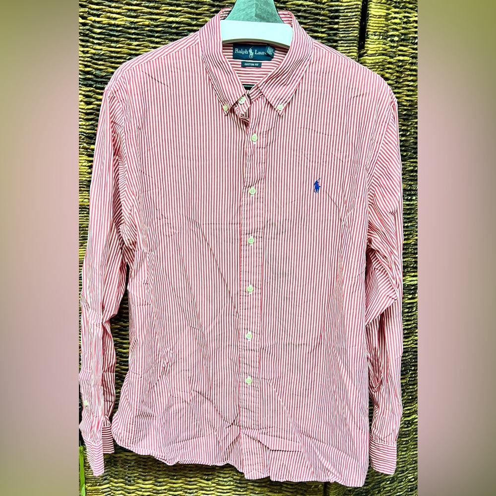 Ralph Lauren Men's Red and White Striped Shirt, XLarge, Custom Fit